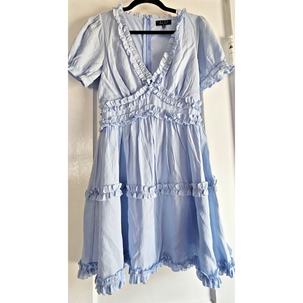 TRIXXI light blue tiered ruffle mini dress plunging V neck  Sz M
